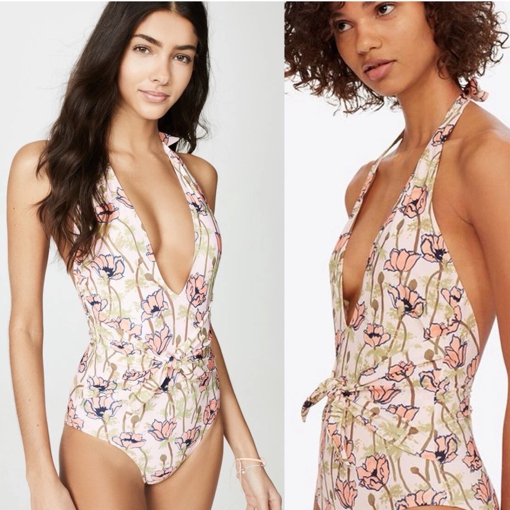 Tory Burch Pink Floral Halter One-Piece Swimsuit: Pink Poppies Bloom